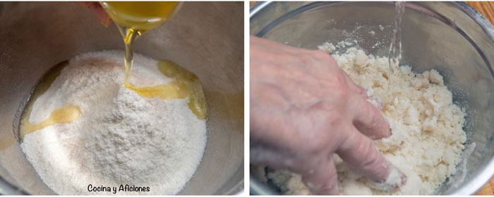 paso a paso de la preparación de la masa de las arepas de carne mechada, incorporamos a la harina el agua y el aceite