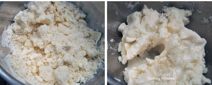 paso a paso de la preparación de la masa de las arepas de carne mechada, amasamos hasta que nos quede suelta