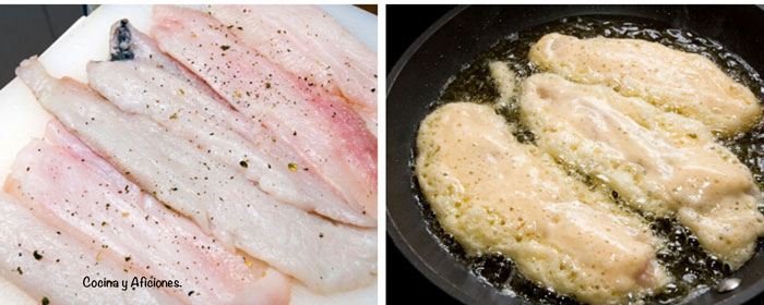 friendo los gallos Filetes de gallo rebozados con masa por Orly preparando el rebozado