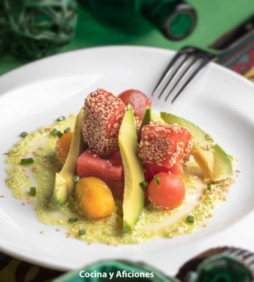 Ensalada de sandia, aguacate y tomate, pintona y rica